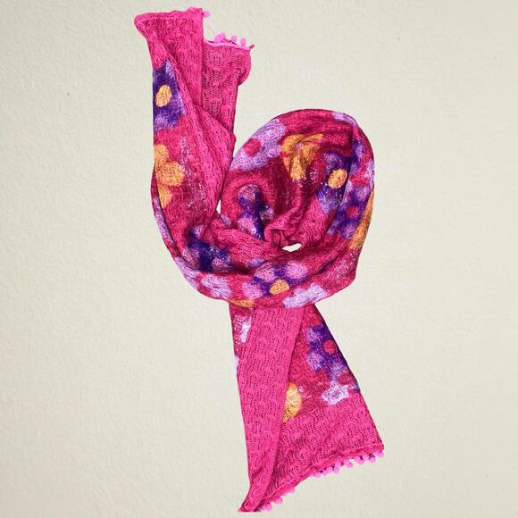Pink floral scarf with pom pom trim, bohemian hippie retro boho chic Y2K groovy - Picture 1 of 9